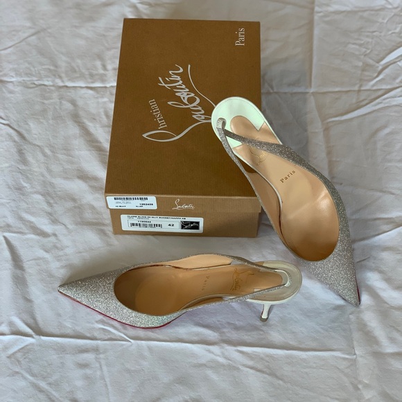 Christian Louboutin Clare Silver Glitter and White Heel Slingback, Size 42! - Picture 4 of 14